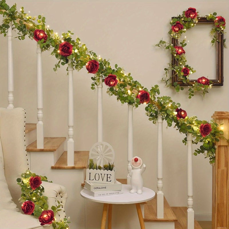 1 Pack Artificial Eucalyptus Garland With Red Flowers LED Lights Valentine Day Room Decor Faux Floral Greenery Vine For Wedding Table Centerpiece Arch Party - Image 2