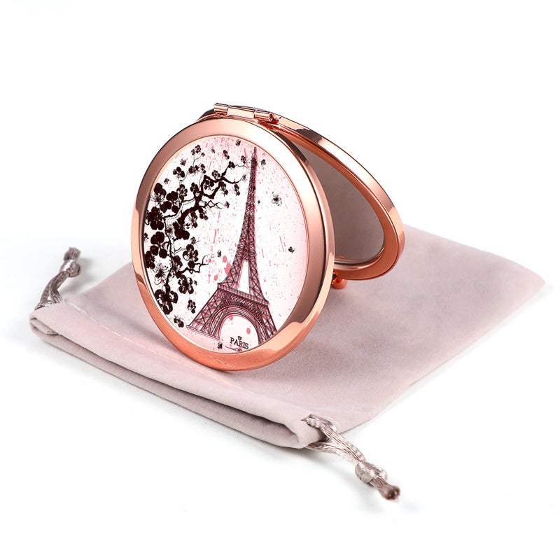 Dynippy Compact Mirror Rose Gold Makeup Mirror Folding Mini Pocket Mirror Portable Hand Mirror Double-Sided 2 x 1x Magnification for Woman Girls (A-Eiffel Tower) - Image 1