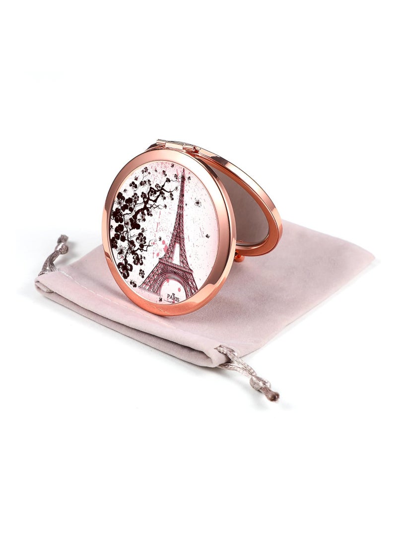 Dynippy - Dynippy Compact Mirror Rose Gold Makeup Mirror Folding Mini Pocket Mirror Portable Hand Mirror Double-Sided 2 x 1x Magnification for Woman Girls (A-Eiffel Tower) - Image 1