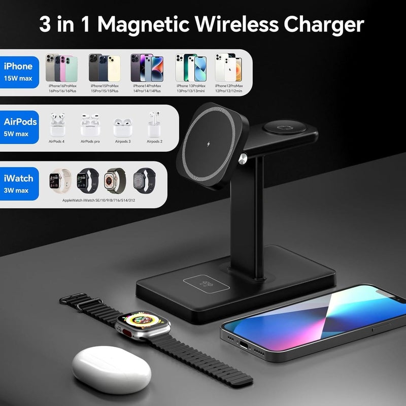 SYOSI Magnetic 3-in-1 Wireless Charging Station, 15W Fast Charger with Rotating Pad for iPhone 16/15/14/13/12 Max/Pro/Plus, Compatible with IWatch & AirPods 4/3 Pro, Black - Image 2