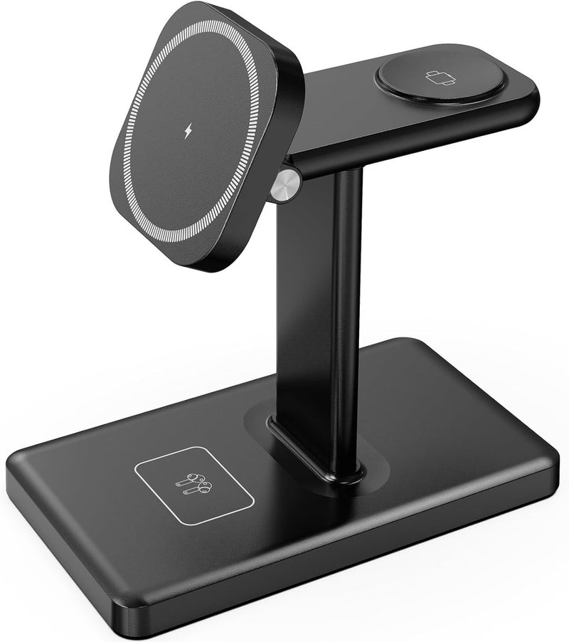 SYOSI Magnetic 3-in-1 Wireless Charging Station, 15W Fast Charger with Rotating Pad for iPhone 16/15/14/13/12 Max/Pro/Plus, Compatible with IWatch & AirPods 4/3 Pro, Black - Image 1