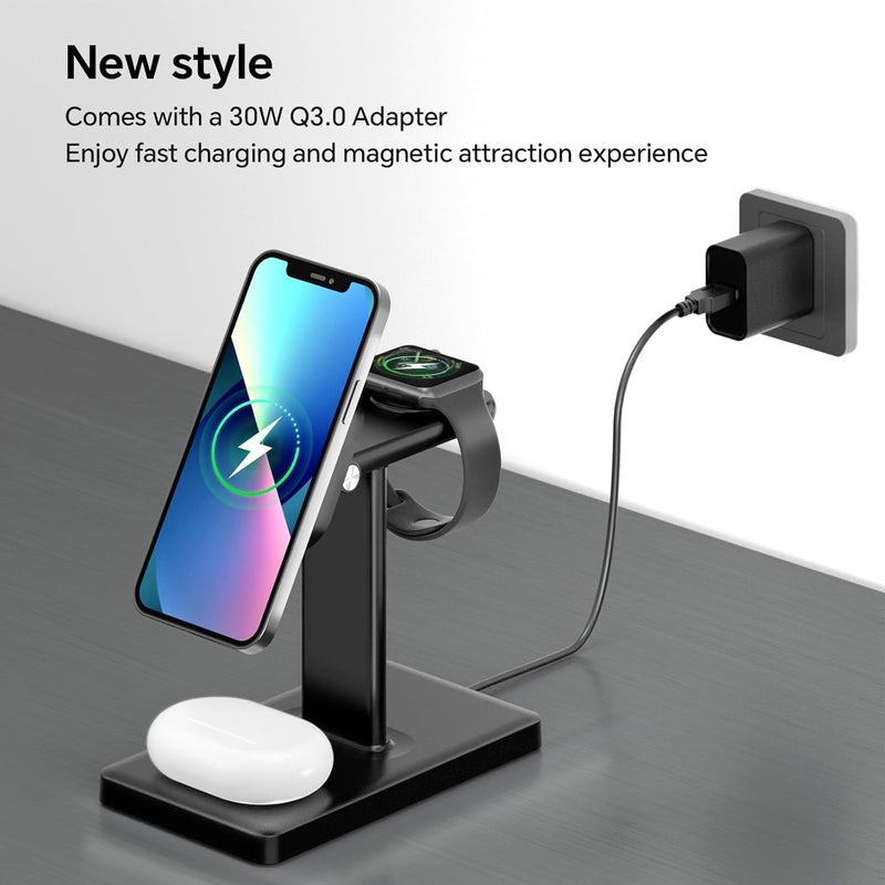 SYOSI Magnetic 3-in-1 Wireless Charging Station, 15W Fast Charger with Rotating Pad for iPhone 16/15/14/13/12 Max/Pro/Plus, Compatible with IWatch & AirPods 4/3 Pro, Black - Image 3