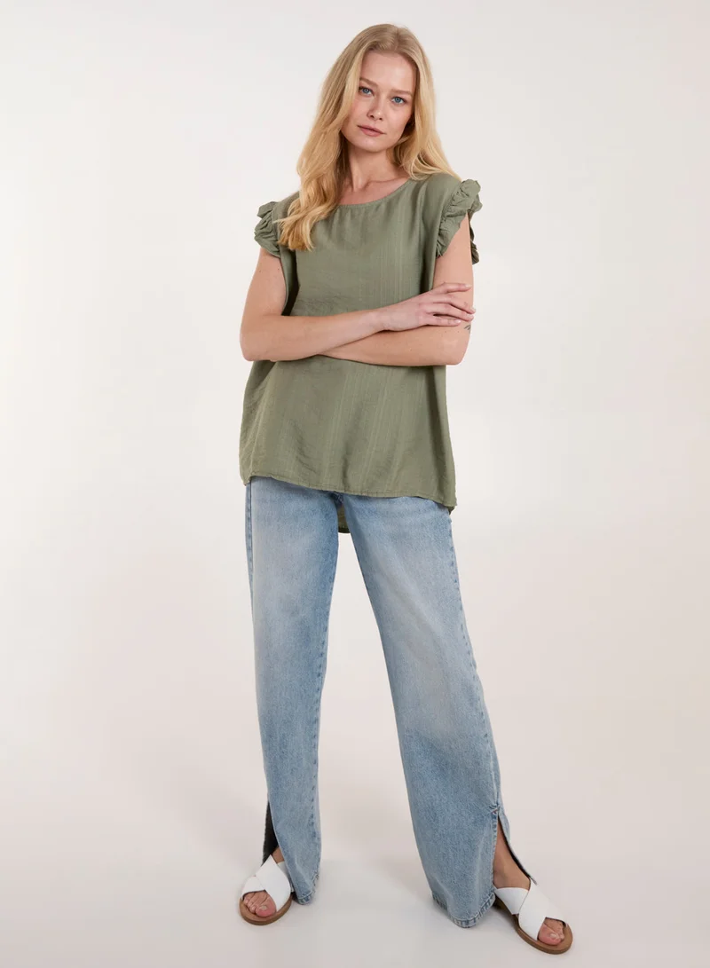 Blue Vanilla Button Back Frill Shoulder Top