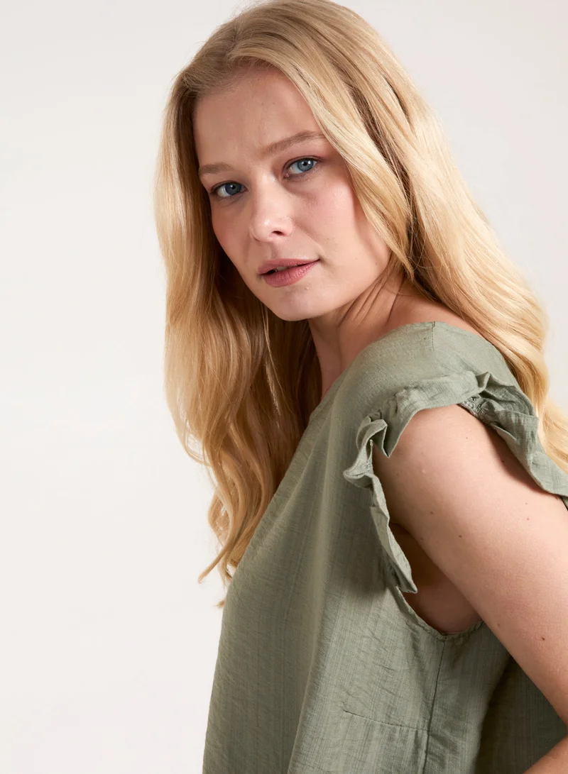 Blue Vanilla Button Back Frill Shoulder Top