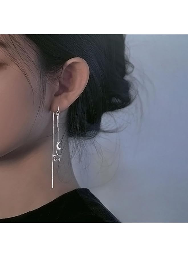 erorex Vintage Moon Star Earrings Silver Moon Star Threader Earrings Long Silver Tassel Chain Earrings Half Moon Pull Through Earrings Jewelery For Women And Girls - Image 2