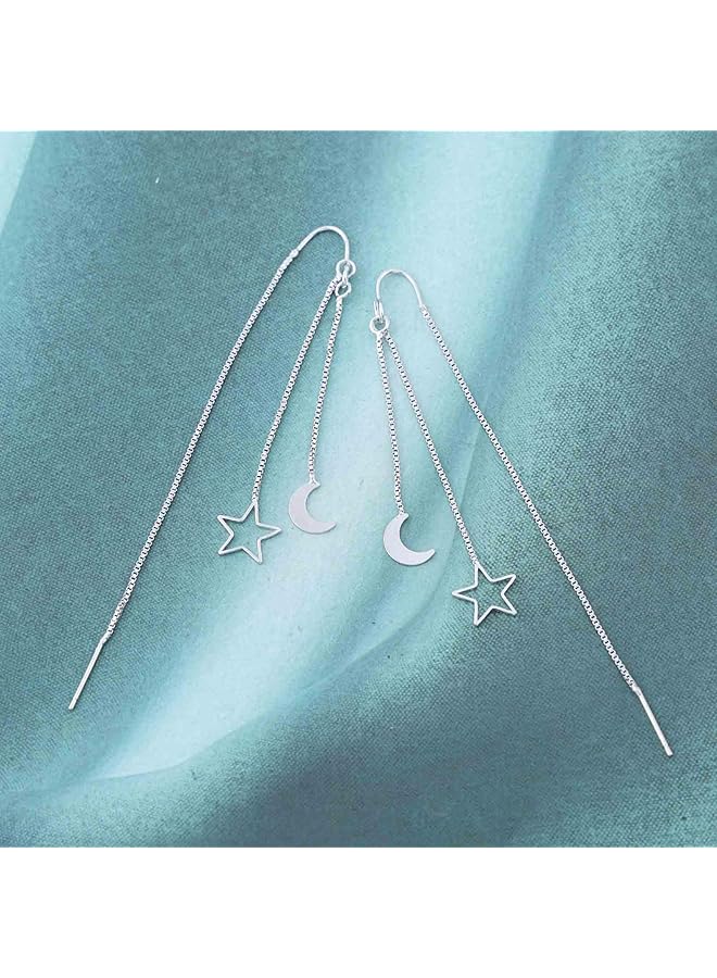 erorex Vintage Moon Star Earrings Silver Moon Star Threader Earrings Long Silver Tassel Chain Earrings Half Moon Pull Through Earrings Jewelery For Women And Girls - Image 3
