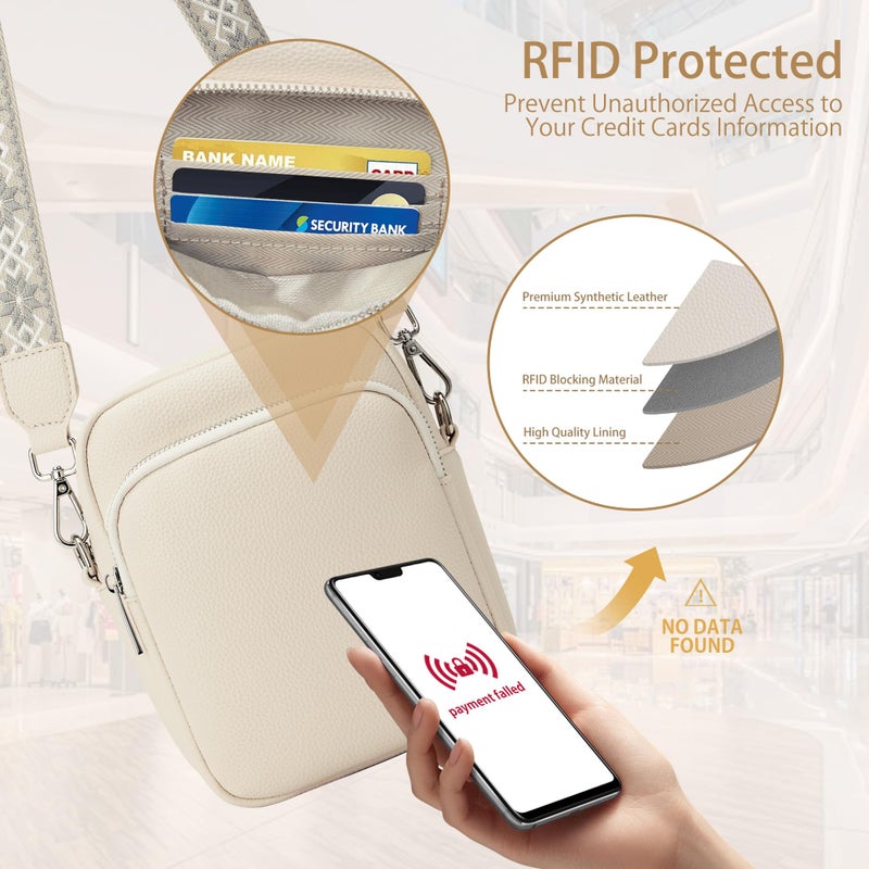 KALIDI RFID Phone Bag Small Crossbody Bag Women Shoulder Purse Vegan Leather Zipper Pockets Travel Shopping Daily (BEIGE) - Image 5