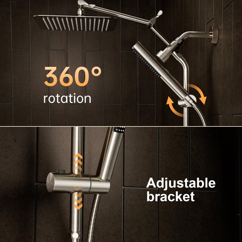 Veken 10" Luxurious Brushed Nickel All Metal Rain Shower Head with Handheld Spray Combo, High Pressure Rainfall Square Shower Heads with Extension Arm, Wide Dual Showerhead, Bathroom Accessories - Image 3