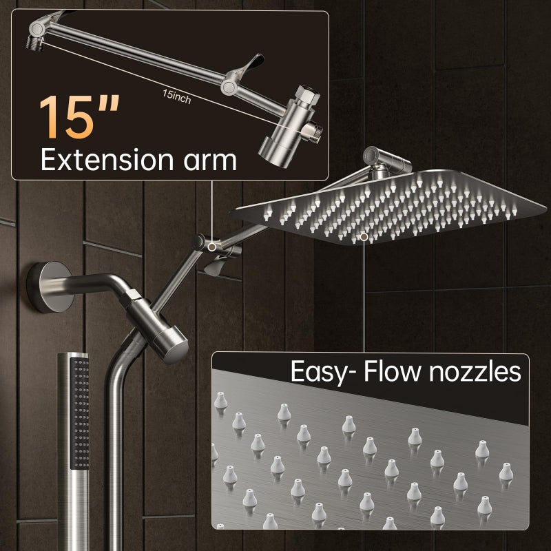 Veken 10" Luxurious Brushed Nickel All Metal Rain Shower Head with Handheld Spray Combo, High Pressure Rainfall Square Shower Heads with Extension Arm, Wide Dual Showerhead, Bathroom Accessories - Image 4