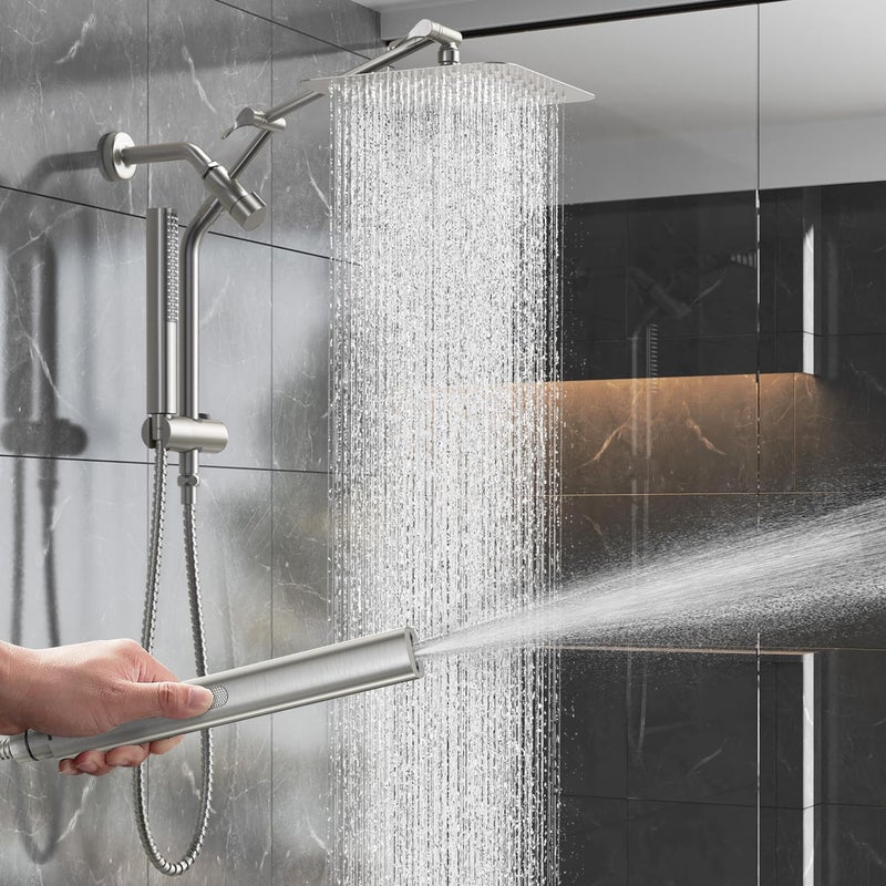 Veken 10" Luxurious Brushed Nickel All Metal Rain Shower Head with Handheld Spray Combo, High Pressure Rainfall Square Shower Heads with Extension Arm, Wide Dual Showerhead, Bathroom Accessories - Image 1