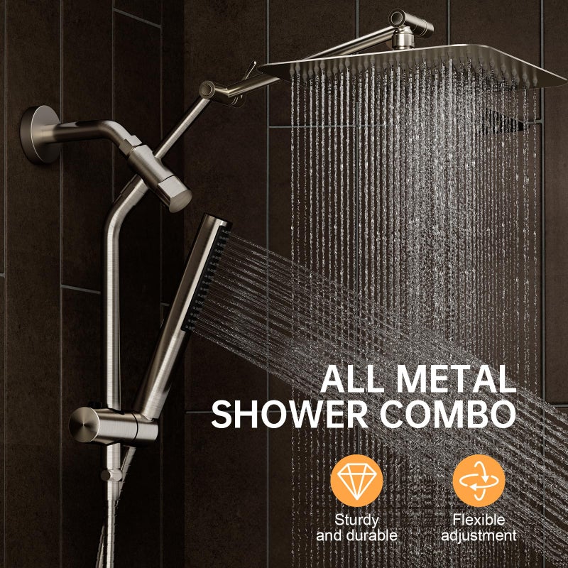 Veken 10" Luxurious Brushed Nickel All Metal Rain Shower Head with Handheld Spray Combo, High Pressure Rainfall Square Shower Heads with Extension Arm, Wide Dual Showerhead, Bathroom Accessories - Image 2