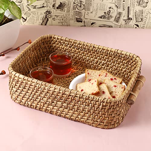 AKWAY Wicker Basket Cloth Rectangular Storage Basket Bin Organizer For Toiletry Cosmetic Towels Toys Bathroom Organizer Bamboo Basket(Natural; 14 L X 11 W X 4 H Inches) (Beige)(Rattan;Brass) - Image 3