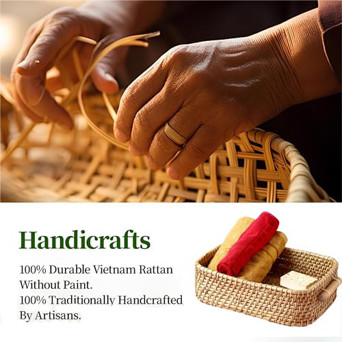 AKWAY Wicker Basket Cloth Rectangular Storage Basket Bin Organizer For Toiletry Cosmetic Towels Toys Bathroom Organizer Bamboo Basket(Natural; 14 L X 11 W X 4 H Inches) (Beige)(Rattan;Brass) - Image 2