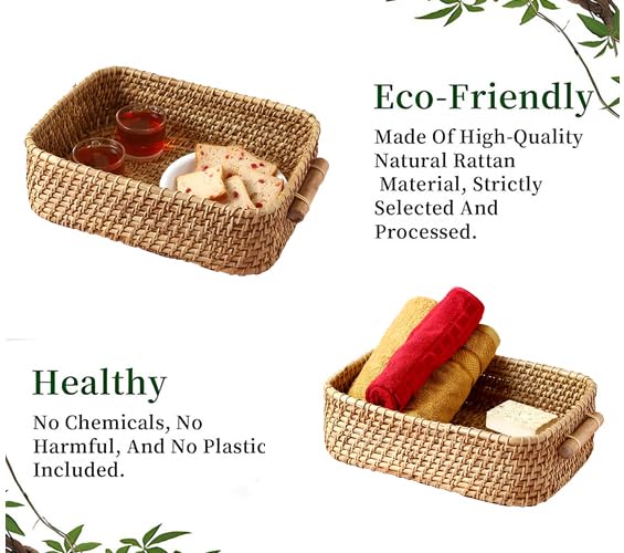 AKWAY Wicker Basket Cloth Rectangular Storage Basket Bin Organizer For Toiletry Cosmetic Towels Toys Bathroom Organizer Bamboo Basket(Natural; 14 L X 11 W X 4 H Inches) (Beige)(Rattan;Brass) - Image 4