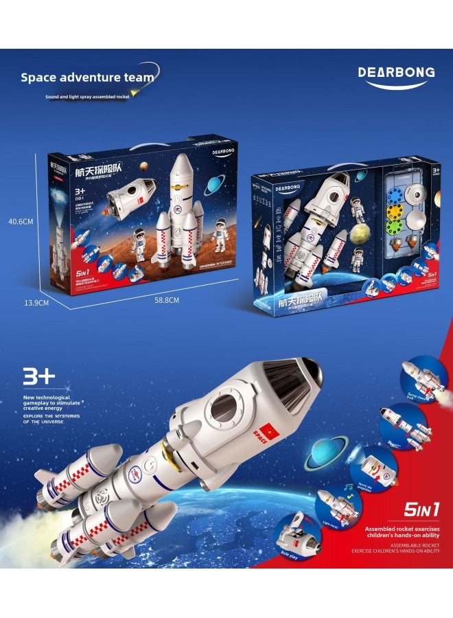 Space Expedition Team Acousto-optic Spray Assembled Aviation Model Simulation Launch Star Projection Educational Rocket Toy-Color:5-in -1 Space Expedition [Portable Gift Box] Contains 2 Astronauts/Spray/Light/Sound/Projection  - Image 1