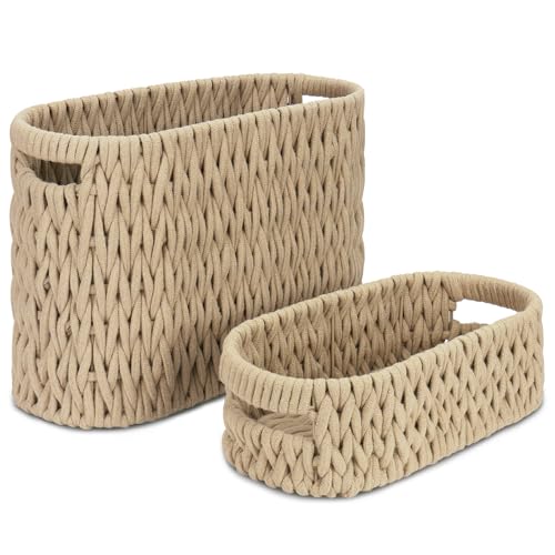 Jukercici Boho Toilet Paper Storage Baskets Cotton Rope Woven Bathroom Basket Set of 2 Standing Toilet Paper Holder for 6 Mega RollsStorage Bins for Toilet Tank Top Bathroom Organizer Decor Brown 2 Pack - Image 1