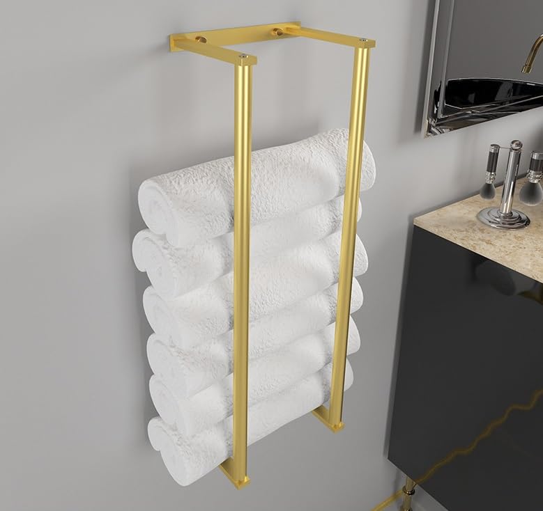 YWHWLX Bathroom Towel Rack for Rolled Towels, Wall Mounted Towel Storage Rack for Bathroom Organization, Stainless Steel Towel Storage Holder Can Holds Up to 6 Large Bath Towels (Gold) - Image 4