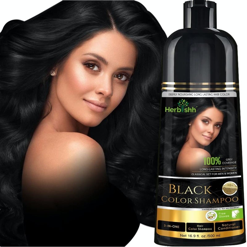 Herbishh Hair Colour Shampoo Black 500Ml Paraben Free Ammonia Free Dye For Women Men Permanent Hair Dye Shampoo with 100 Grey Coverage Up To 8 Weeks - Image 1