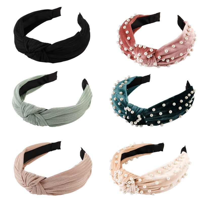 LOVNFC Womens Headbands, 6Pcs Knotted Head Bands No Slip Fashion for Girls Wide Top Knot Turban Velvet Hair Hoops - Image 1