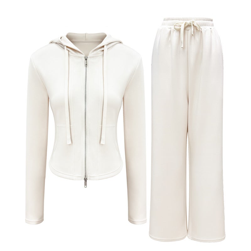 Thick Warm Zip Hoodie Yoga Suit Womens Loose Pants Set Light oatmeal jacket-light oatmeal trousers 