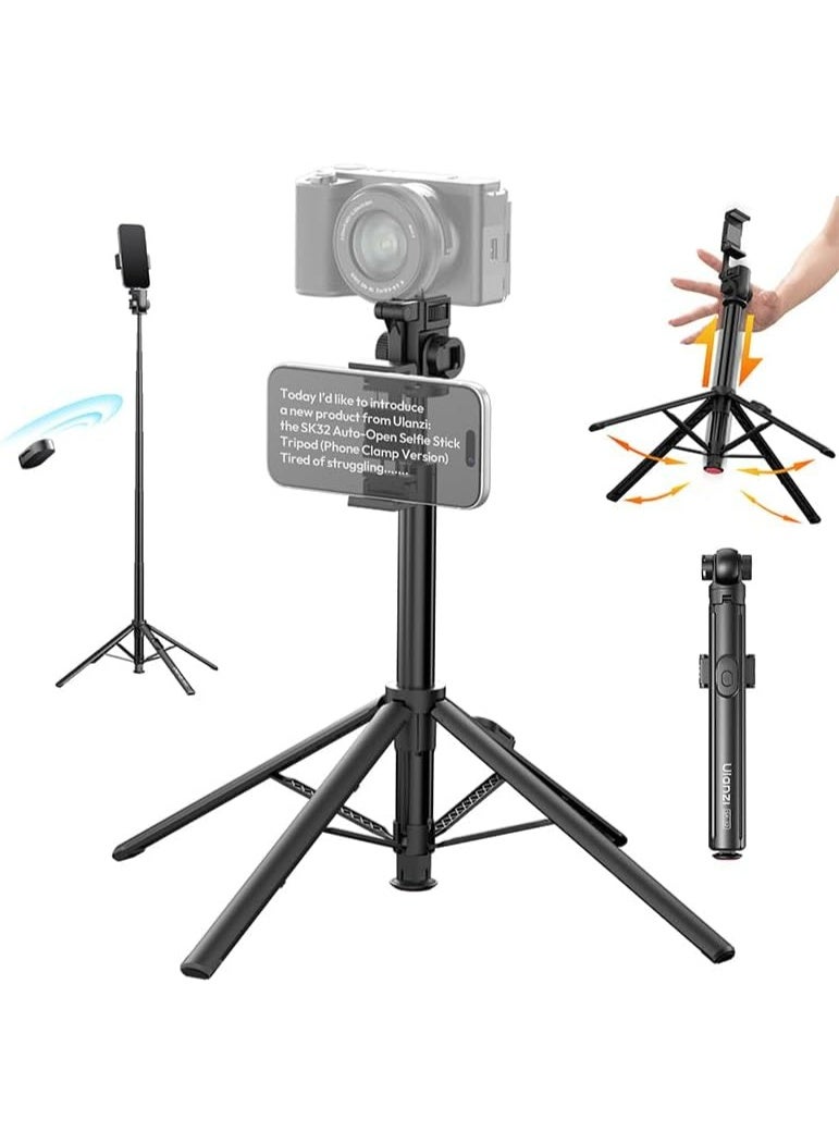ULANZI SK32 Selfie Stick Tripod, One-Click Open & Lift-Close Phone Holder, 4-Leg Stable Support 71'' Extendable, Aluminum Alloy Travel Tripod for iPhone Android Smartphone Camera, Black - Image 1