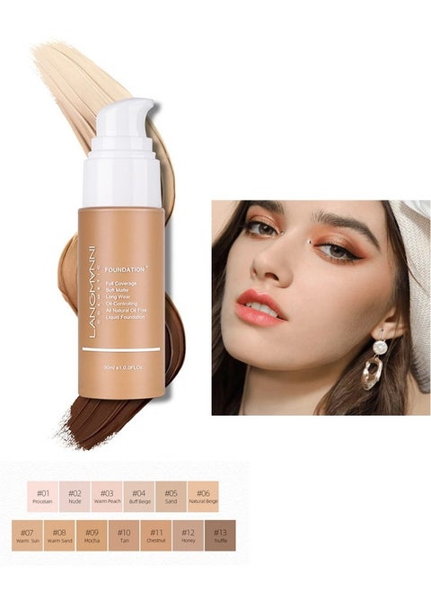 24H Full Coverage Liquid Foundation | Hydrating Concealer & Skin-Protect Complex | SPF 20 Waterproof (30ml, 8 Shades) For Oily/Sensitive Skin