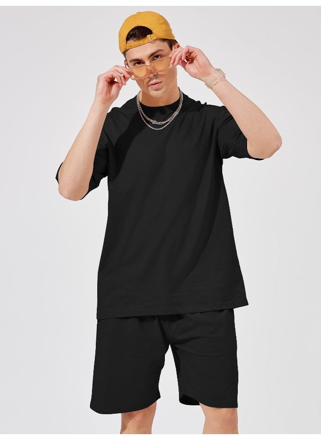 Maniac Mens Solid Round Neck 3/4th Sleeve Black Color Tshirt and Black Short Cotton Oversized Fit Co-Ords  - Image 1