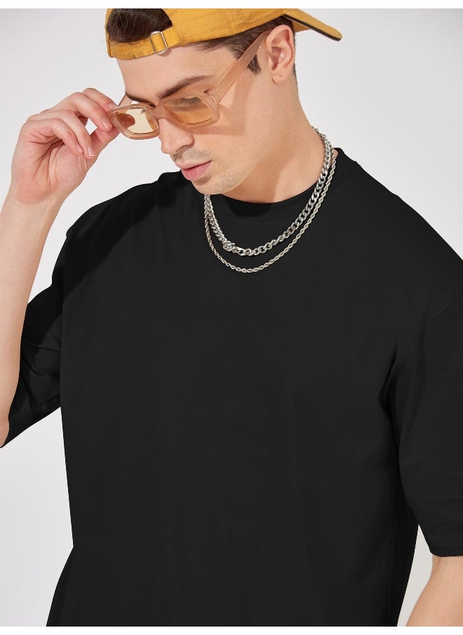 Maniac Mens Solid Round Neck 3/4th Sleeve Black Color Tshirt and Black Short Cotton Oversized Fit Co-Ords  - Image 4