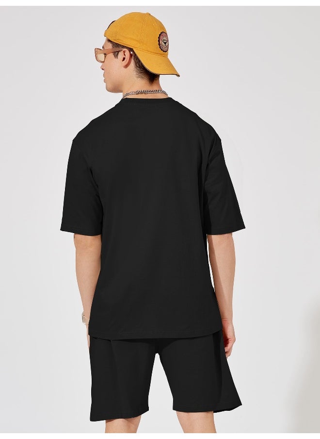 Maniac Mens Solid Round Neck 3/4th Sleeve Black Color Tshirt and Black Short Cotton Oversized Fit Co-Ords  - Image 3