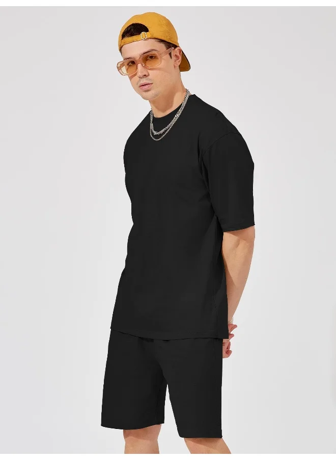 مانياك Mens Solid Round Neck 3/4th Sleeve Black Color Tshirt and Black Short Cotton Oversized Fit Co-Ords