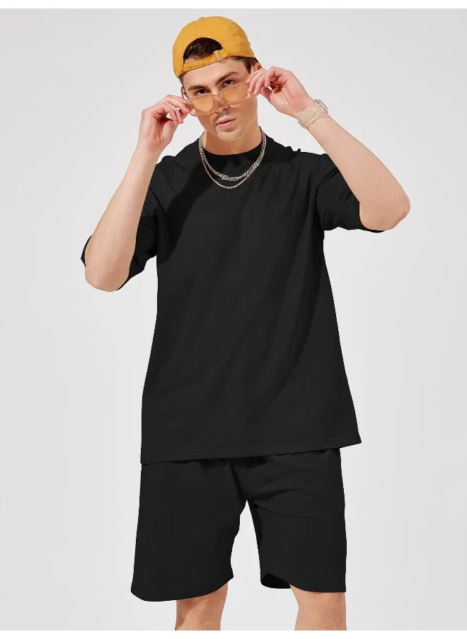 Maniac Mens Solid Round Neck 3/4th Sleeve Black Color Tshirt and Black Short Cotton Oversized Fit Co-Ords