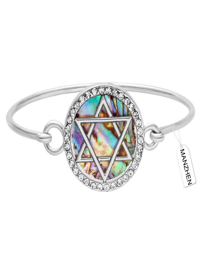 MANZHEN Jewish Charm Star of David Abalone Shell Wire Openable Crystal Bangle Bracelet (Silver) - Image 1