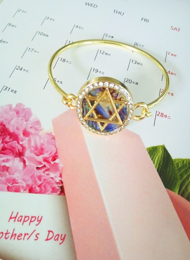 MANZHEN Jewish Charm Star of David Abalone Shell Wire Openable Crystal Bangle Bracelet (Silver) - Image 2