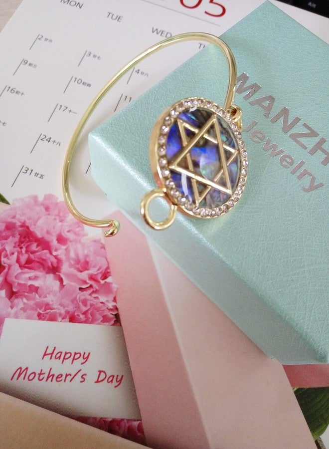 MANZHEN Jewish Charm Star of David Abalone Shell Wire Openable Crystal Bangle Bracelet (Silver) - Image 5