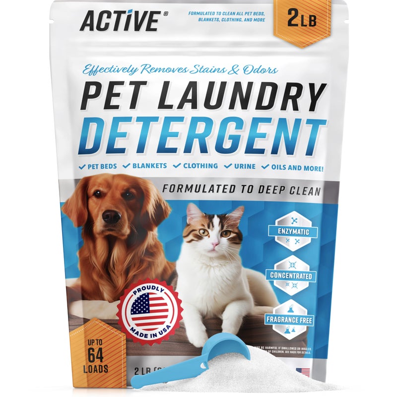 Active Pet Laundry Detergent Odor Remover - ACTIVE Enzyme Based Powder Detergent for Dogs Beds, Cat Pee, HE Washer Friendly Natural Enzymatic Deodorizer, Urine, Smell, Dog Drool, Stain Eliminator - 64 Loads - Image 1