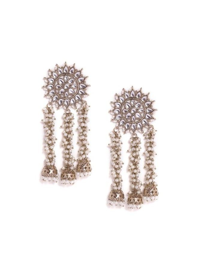 Priyaasi Ethnic Women White Brass Earrings with pattern and secured with Post and Back closure and styled in ideal for Ethnic moments — perfect for fashion-forward occasions.  - Image 2