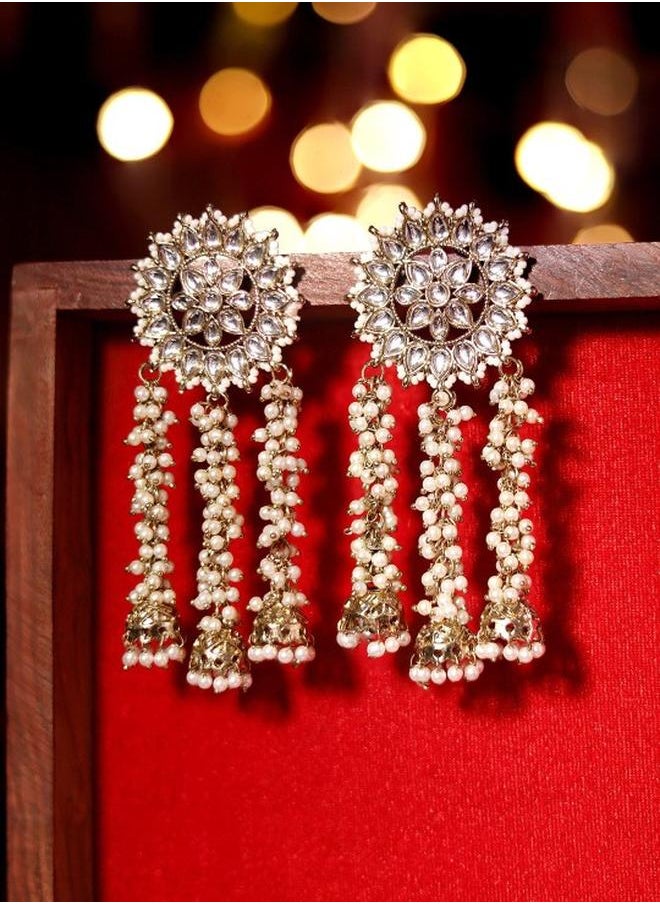 Priyaasi Ethnic Women White Brass Earrings with pattern and secured with Post and Back closure and styled in ideal for Ethnic moments — perfect for fashion-forward occasions.  - Image 1