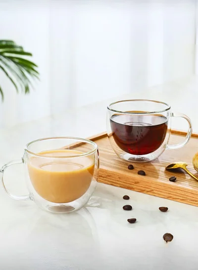 1Chase Double Wall Glass Cups – Set of 2 | 150ML Insulated Espresso, Coffee & Tea Mugs with Handle | Heat-Resistant Borosilicate Glass