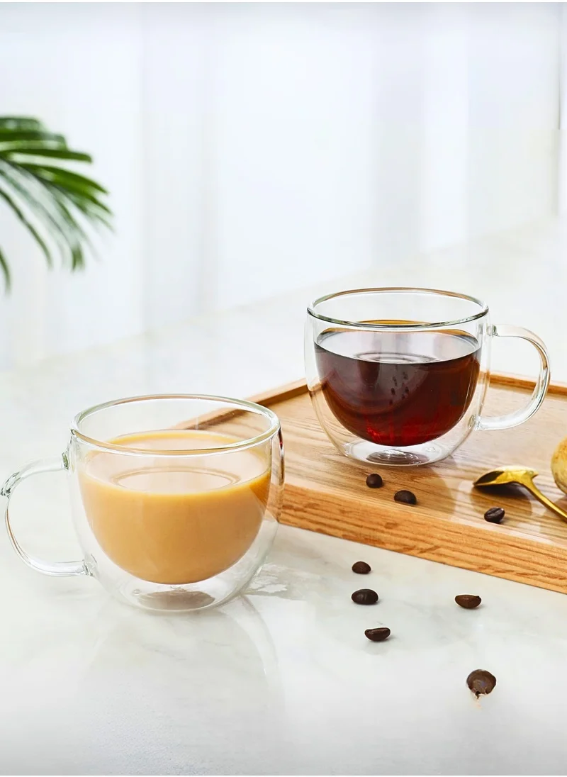 1Chase Double Wall Glass Cups – Set of 2 | 150ML Insulated Espresso, Coffee & Tea Mugs with Handle | Heat-Resistant Borosilicate Glass
