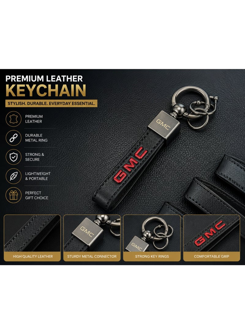 GMC Leather Car Keychain with Metal Key Ring | Universal Automotive Key Holder | Durable Leather Strap Key Organizer for Car Keys, House Keys & Bags | Black & Red