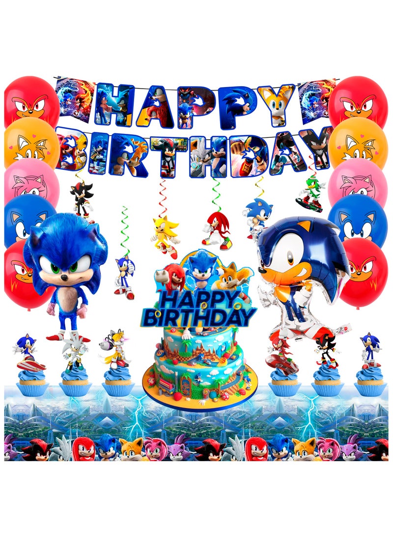 ILovhaprty Sonic Birthday Party Supplies, 35 Pcs Sonic Party Decorations Set - Sonic Birthday Decorations Banners Tablecloth & Sonic Balloons Cake Toppers and Other Sonic Party Supplies for Boys/Girls/Kids - Image 1