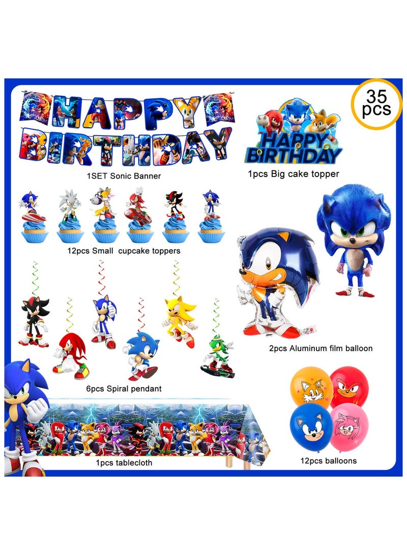 ILovhaprty Sonic Birthday Party Supplies, 35 Pcs Sonic Party Decorations Set - Sonic Birthday Decorations Banners Tablecloth & Sonic Balloons Cake Toppers and Other Sonic Party Supplies for Boys/Girls/Kids - Image 2