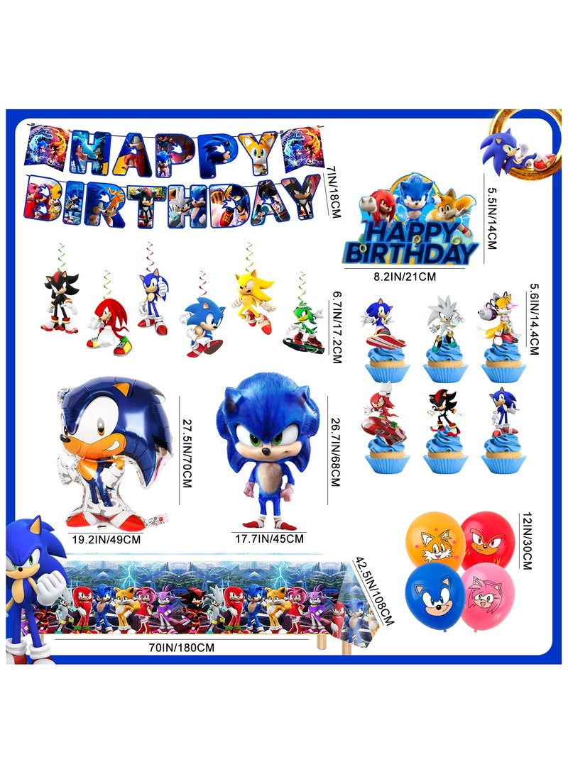 ILovhaprty Sonic Birthday Party Supplies, 35 Pcs Sonic Party Decorations Set - Sonic Birthday Decorations Banners Tablecloth & Sonic Balloons Cake Toppers and Other Sonic Party Supplies for Boys/Girls/Kids - Image 3
