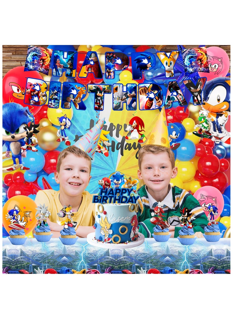 ILovhaprty Sonic Birthday Party Supplies, 35 Pcs Sonic Party Decorations Set - Sonic Birthday Decorations Banners Tablecloth & Sonic Balloons Cake Toppers and Other Sonic Party Supplies for Boys/Girls/Kids - Image 4