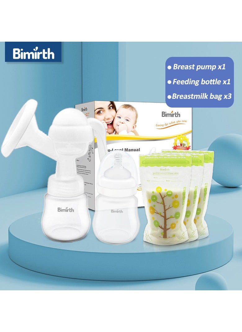 Bimirth Manual Silicone Breast Pump With Adjustable Suction With 1 Feeding Bottle，3 Breastmilk Bag  - Image 1