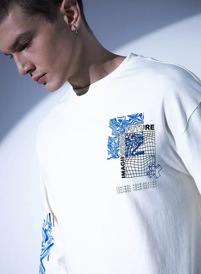 Hubberholme Relaxed Fit Back & Front Typography Print T-Shirt with Long Sleeves by Styli