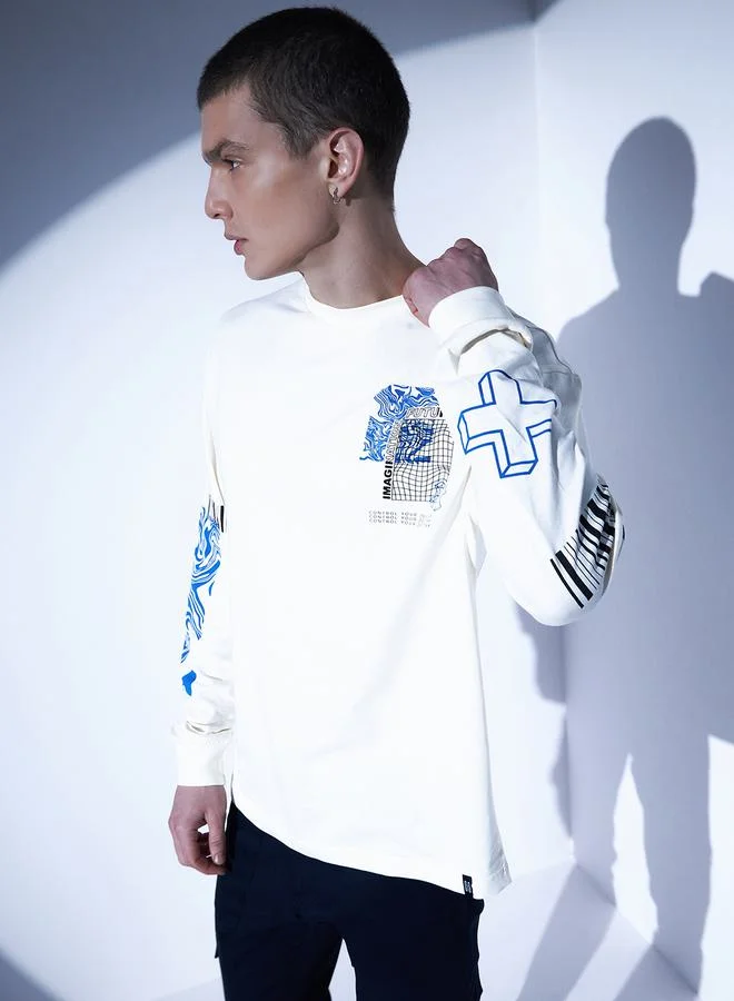 Hubberholme Relaxed Fit Back & Front Typography Print T-Shirt with Long Sleeves by Styli