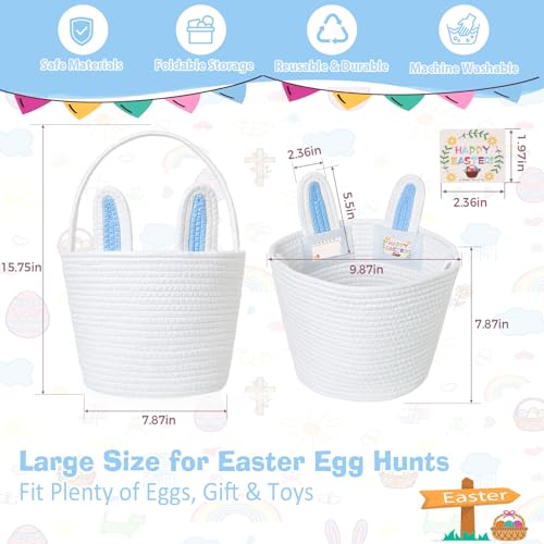 Beiyana Easter Basket for Kids Cute Bunny Easter Basket with Removable Ears Writable Name Tag Personalized Cotton Rope Woven Empty Easter Basket First Easter Gift for Toddlers Boys Girls Blue - Image 3