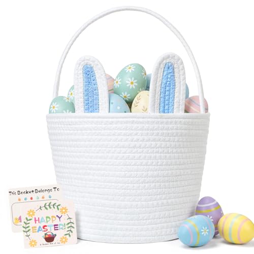 Beiyana Easter Basket for Kids Cute Bunny Easter Basket with Removable Ears Writable Name Tag Personalized Cotton Rope Woven Empty Easter Basket First Easter Gift for Toddlers Boys Girls Blue - Image 1