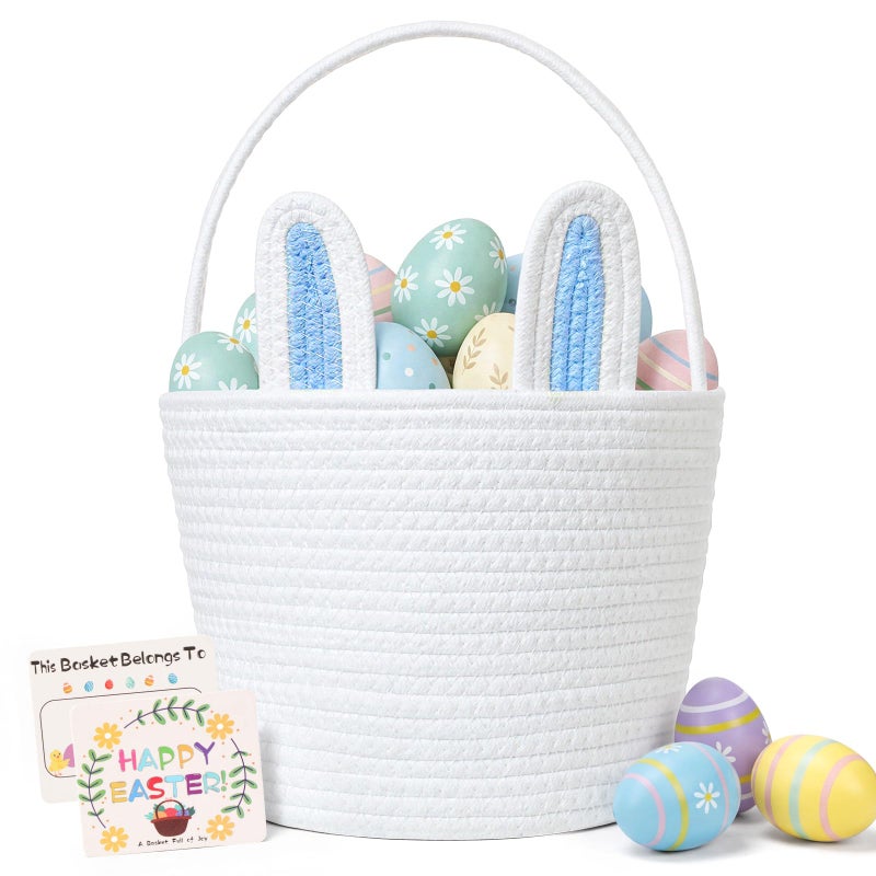 Beiyana Easter Basket for Kids Cute Bunny Easter Basket with Removable Ears Writable Name Tag Personalized Cotton Rope Woven Empty Easter Basket First Easter Gift for Toddlers Boys Girls Blue - Image 2